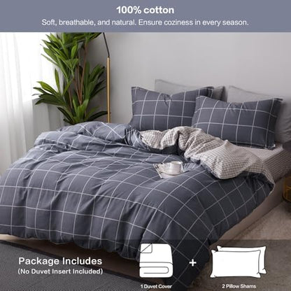 SAPHREAS Gray Plaid Geometric Duvet Cover Set King Size 3pcs Dark Grey Grid Cotton Bedding Comforter Cover Set 1 Duvet Cover 2 Pillow Shams