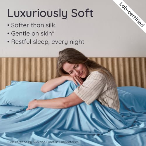 Bambaw 4pcs King Size Sheets Set – 100% Viscose Derived from Bamboo Sheets, Cooling Sheets King Size Deep Pocket Fits Up to 16'' with Elastic Corner Straps, Super Soft (Dream Blue)