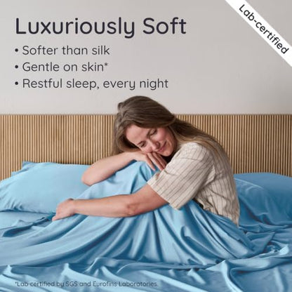 Bambaw Queen Sheet Set – 4pcs 100% Viscose Derived from Bamboo Sheets Queen Size Bed Set, Breathable Sheets Fits Up to 16'' Deep Pocket, Queen Cooling Sheets for Hot Sleepers (Dream Blue)