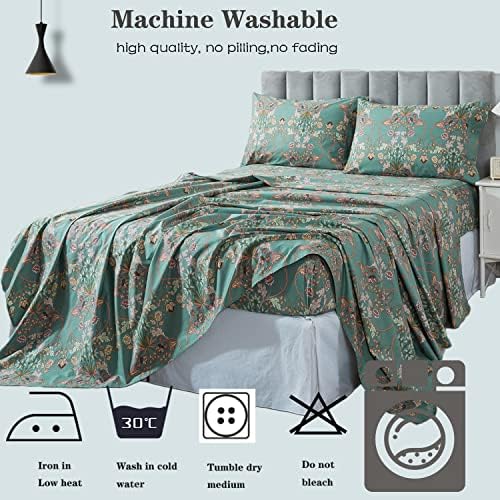 FADFAY Twin XL Floral Sheets for College Students Percale Cotton Chic Teal Blue Orange Bed Sheet Set Shabby Vintage American Country Bedding Dorm Room Soft Breathable Deep Pocket Fitted Sheet 4Pcs