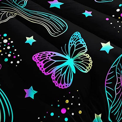 Colorful Mushroom Comforter Set Queen Size Kids Mushroom Butterfly Bedding Set Star Quilt Bed Set for Boys Girls Adults with 1 Comforter and 2 Pillowcases