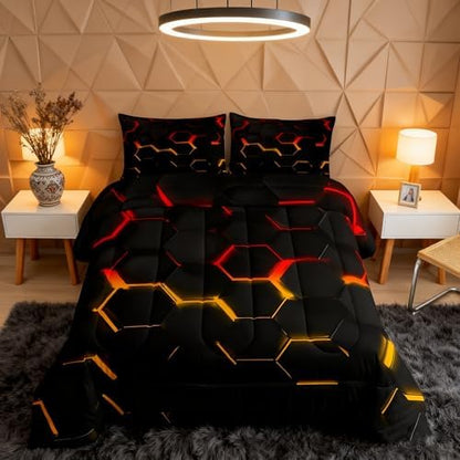 Manfei Honeycomb Comforter Set Queen Size Geometric Hexagon Bedding Set 3pcs for Kids Boys Teens Room Decor Yellow Red Neon Lights Duvet Insert Modern Fashion Luxury Down Comforter with 2 Pillowcases