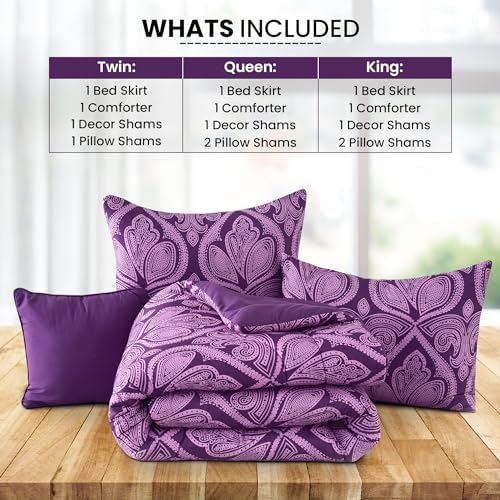 LUX Décor Reversible 4pc Twin Comforter Set, Printed Bedding Set, All-in-One Bed in a Bag, Includes 1 Comforter, 1 Pillow Sham, 1 Decor Pillow & 1 Bed Skirt (Paisley Purple,Twin)