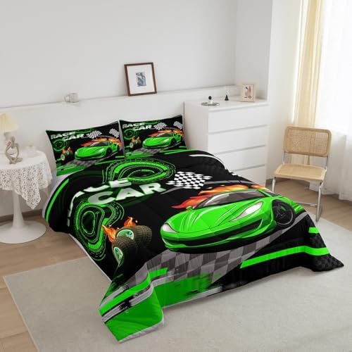 Feelyou Kids Green Race car Comforter Set King Size Speed Sports Car Bedding Set Boys Girls Automobile Racing Car Quilt Set Extreme Sports Theme Bed Set