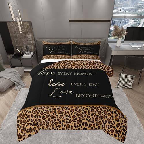Castle Fairy Brown Leopard Print Comforter Set,Cheetah Skin Pattern Bedding Set All Season Down Comforter, Tropical African Wild Animal Fur Black Microfiber Polyester Quilt Set, King Size