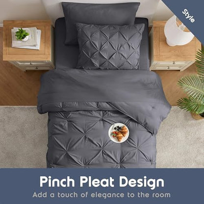 Nestl 7 Piece Twin XL Comforter Set – Dark Grey Pinch Pleated Bed in a Bag – Complete Twin XL Size Bedding Set with Sheets, Set of 2 Cooling Pillows, Pillowcase and Sham