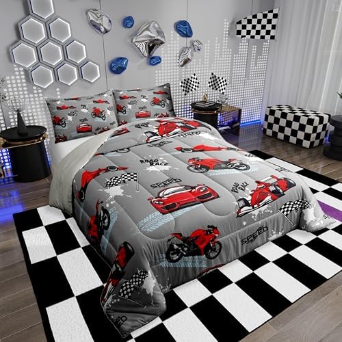 Erosebridal Red Grey Race Car Bedding Set Kids Sports Car Comforter Set Toddler,Speed Racing Car Bedding for Boys Girls Extreme Sport Games Duvet Insert Dirt Bike Motocross Bed Set Lightweight Decor