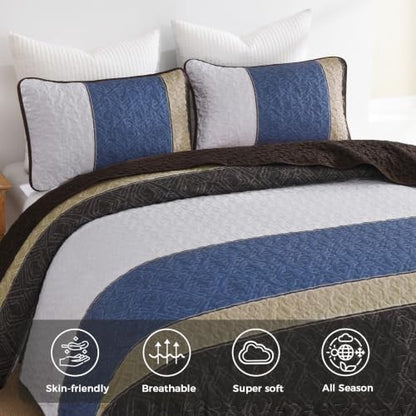 Cottolester Quilts Queen Size,Brown Blue Striped Bedspread Coverlet Set