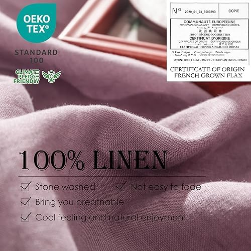 Simple&Opulence 100% Linen Duvet Cover Set 3pcs Basic Style Natural French Washed Flax Solid Color Soft Breathable Farmhouse Bedding with Button Closure - Purple, Queen