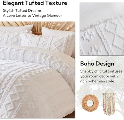 MR&HM Queen Comforter Set 7 Pieces, Fluffy Tufted Boho Beddding Set White