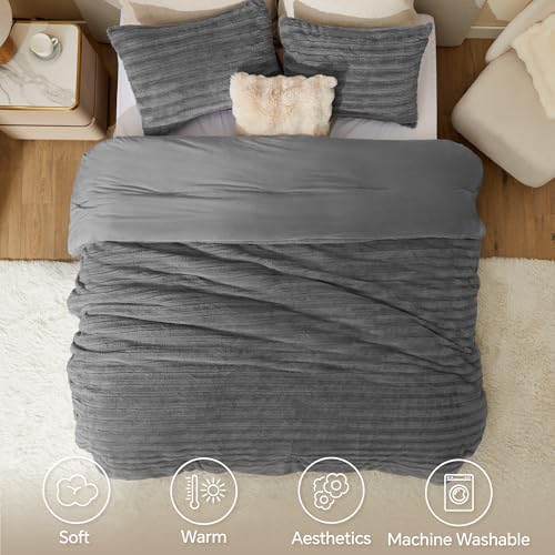 BEDELITE Faux Fur Queen Comforter Set, Fluffy Bed Set, Grey