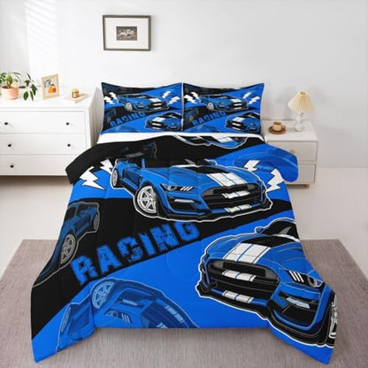 Erosebridal Blue Race Car Full Size Bedding Set for Boys Sports Car Comforter Set for Boys Bedroom Decor Racing Car Comforter Set Cool Race Cars Gaming Bedding Sets for Girls Kids 3Pcs