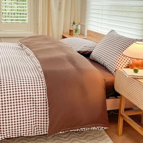 NSNLGSGC Mocha Gingham Duvet Cover Set, Queen