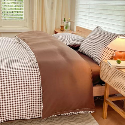 NSNLGSGC Mocha Gingham Duvet Cover Set, Queen