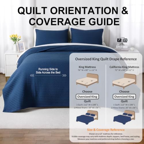 Oversized King Quilt Set 112 x 106 in, Lightweight, Dark Blue