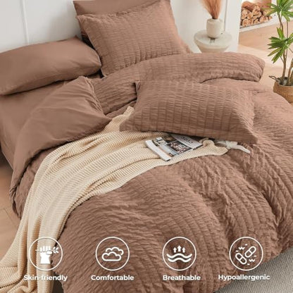 HYMOKEGE Mocha Brown Twin XL Comforter Set Seersucker 5 Pieces, All Season Luxury Bed in a Bag for Bedroom, Bedding Set with Comforter, Sheets, Pillowcase & Sham