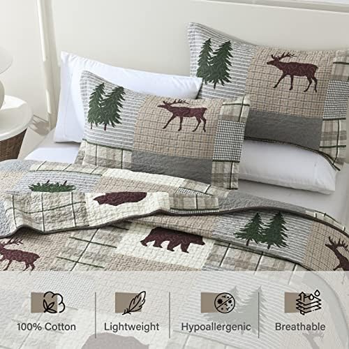 PERHOM Quilt King Size - 100% Cotton Lightweight Cabin Plaid King Quilt Bedding Set, Forest Tree Brown Bear Deer Patchwork Reversible Bedspread/Coverlet/Comforter Set with 2 Shams, 3PCS