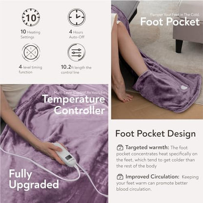 Wapaneus Foot Pocket Heated Blanket Electric Throw with 10 Heating Levels and 4 Timer Settings 4 Hours Auto Shut Off, Flannel Fast-Heating Heated Throw 50" x 60", Machine Washable, Purple
