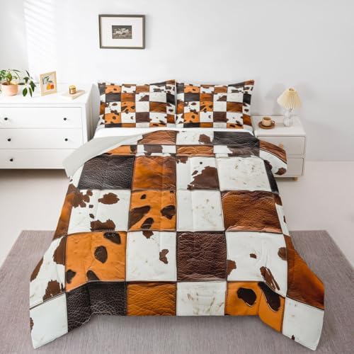 jejeloiu Rustic Cowhide Patchwork Bedding Set for Boys Girls, Leather Cow Print Comforter Set King Size Cow Fur Print Duvet Quilt Microfiber Farmhouse Country Bedroom Decor 3 Pcs with 2 Pillow Cases