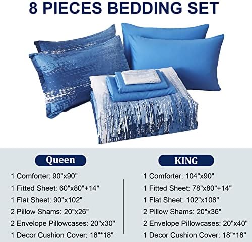 Ombre Blue Comforter Set King Size Reversible Gradient Blue Grey Boho Bedding Set for Men Women 8 Pieces Bed in A Bag Bohemian Bed Set With Comforter, Sheets, Pillowcases & Shams, Cushion Cover