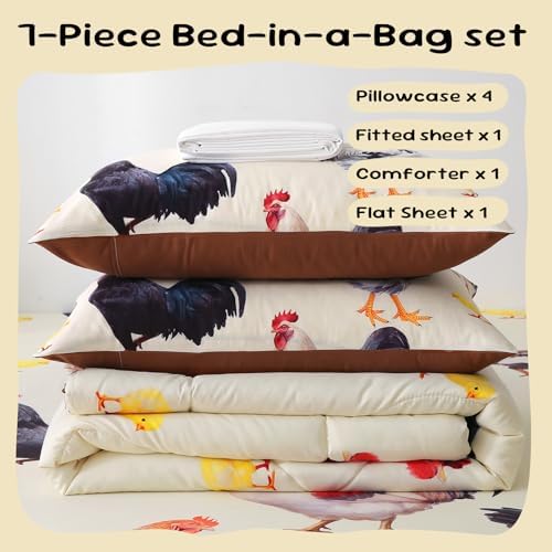 Wajade Chicken Comforter Set 7 Pcs Animal Theme Bedding Set Full Size for Kids Adults Chicken Quilt Farm Theme Printed Pattern for Thanksgiving Birthday