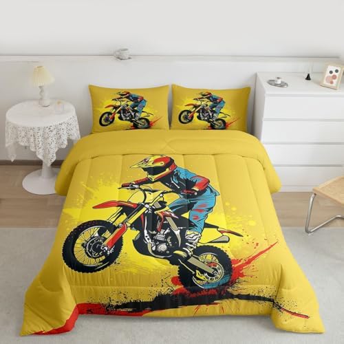 Feelyou Bright Yellow Motocross Kids Comforter Set King Colorful Rider Bedding Set Splatter Print Duvet Quilt for Kids Boys Girls Bedroom Off-Road Racing Decor Dirt Bike Ultra Soft Breathable