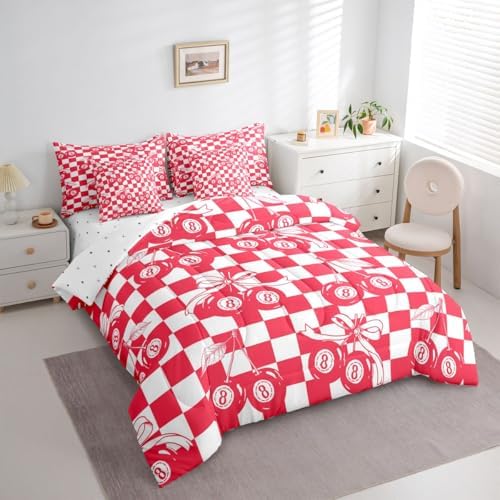 Fashion Trendy Y2K Comforter Set King Size Lucky 8 Ball 7 Piece Bedding Set For Kids Boys Girls,Funky Coquette Bow Bed In A Bag With Sheets Preppy Room Decor,Red White Simple Geometric Plaid Bed Set