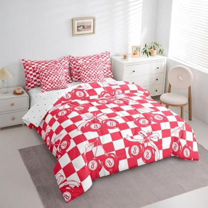 Fashion Trendy Y2K Comforter Set King Size Lucky 8 Ball 7 Piece Bedding Set For Kids Boys Girls,Funky Coquette Bow Bed In A Bag With Sheets Preppy Room Decor,Red White Simple Geometric Plaid Bed Set