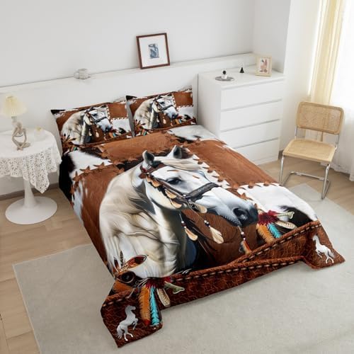 Cow Print Bedding Set - King Size, 3 Pcs - Brown Cowhide, Rustic Feather, Western Horse Galloping Style, Duvet Insert, White Horse Quilt