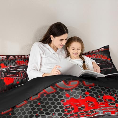 Feelyou Race Car Duvet Quilt Full Size Red Speed Sports Car Bedding Set for Kids Boys Girls Decor Automobile Bedding Set Breathable Soft Lightweight Microfiber Extreme Sports Bedroom Decor