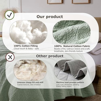PALASSIO Sage Green Paisley 100% Cotton Quilt King Size Bedding Sets with 2 Pillow Shams, Boho Floral Lightweight Farmhouse Country Vintage Soft Bedspread Shabby Chic Coverlet for All Season, 3 Pieces