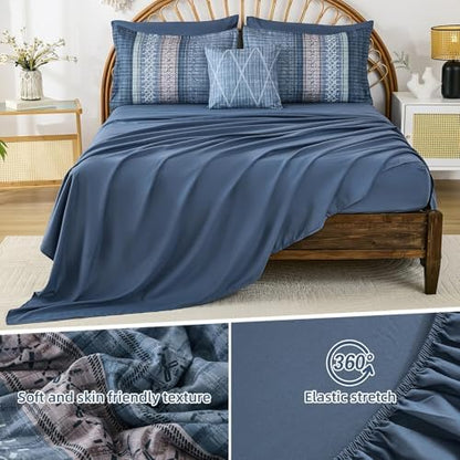 Dintszyayue Blue Comforter Set Cal King Size, 8 Pieces Boho Striped Bed in a Bag Soft Microfiber Bedding Set for All Season