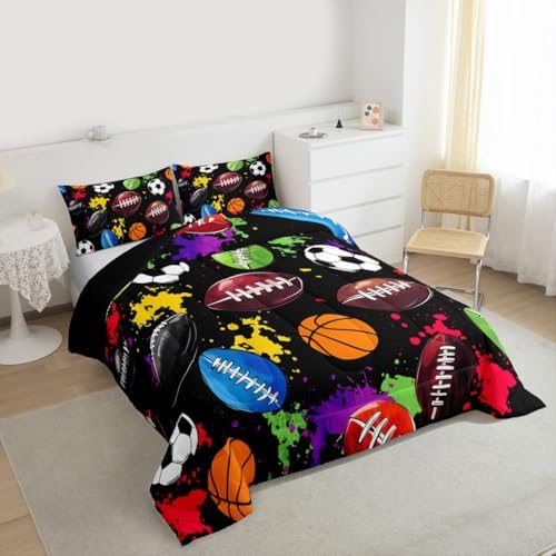 jejeloiu Sports Theme Kids Comforter Set Toddler Size Soccer Basketball Baseball Football Bedding Set Ball Games Duvet Quilt for Kids Boys Girls Bedroom Splash Ink Ball Games Decor Microfiber Ultra