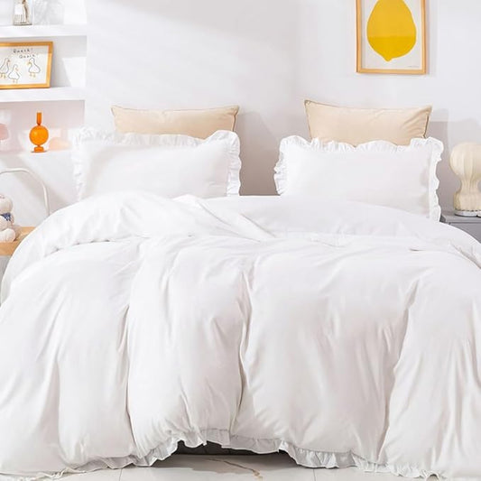 CLOTHKNOW White Full Size Comforter Sets Ruffle Farmhouse Bedding Sets Soft Vintage Rustic Shabby Chic Comforters with 2 x Pillowcases