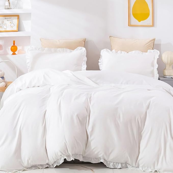 CLOTHKNOW White Ruffle Twin/Twin XL Comforter Set Farmhouse Bedding Comforter Sets Shabby Chic Vintage Rustic Comforter with 2 x Pillowcases