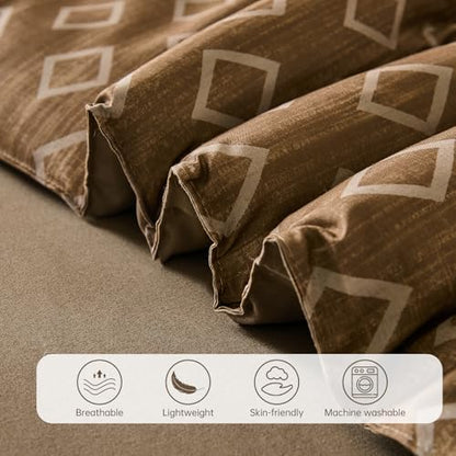 Cottolester Boho King Comforter Set,Khaki and Brown Striped Bed in a Bag