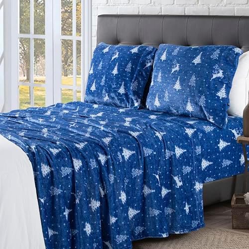 Elegant Comfort Luxuriously Soft 4-Piece Holiday Velvet Plush Flannel Sheet Set - Premium Quality - Cozy Warm, Christmas Fuzzy Velvet Flannel Fleece Deep Pocket Sheet Set - King, Artic Blue Christmas
