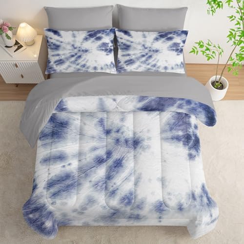 7Pcs Comforter Set Blue Tie Dye Printed Bedding Set with 1 Comforter, 1 Flat Sheet, 1 Fitted Sheet and 4 Pillowcases for Boys and Girls Bedroom All Season(Tie Dye Queen)