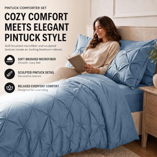 HIMEET Queen Comforter Set Grayish Blue - 7 Pieces Pintuck Bed in a Bag