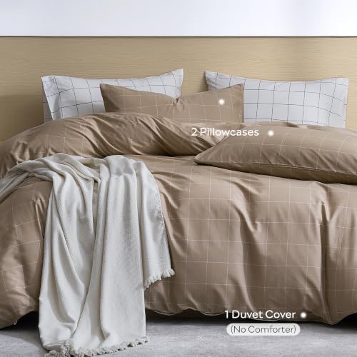 JELLYMONI 100% Cotton Plaid King Duvet Cover Set, Tan