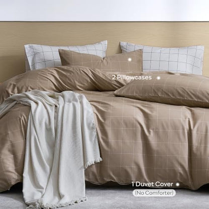 JELLYMONI 100% Cotton Plaid King Duvet Cover Set, Tan