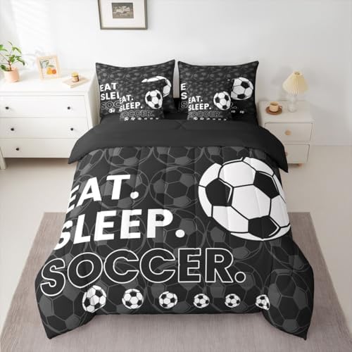 Erosebridal Black Football Games Boys 7 Piece Bedding Set Twin | Soccer Gaming Theme Comforter Set with Sheets Sports Pattern Bed in A Bag Kids Teens Bed Sets
