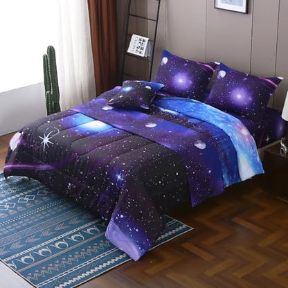 JQinHome Queen Galaxy Comforter Sets 6 Piece Bed in A Bag, Outer Space Themed Bedding for Children Boy Girl Teen Kids,1 Comforter, 1 Flat Sheet, 1 Fitted Sheet, 2 Pillowshams, 1 Cushion Cover(Purple)