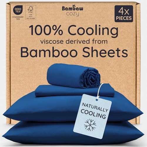 Bambaw Twin Sheets Set – 4-Piece 100% Viscose Derived from Bamboo Sheet Set, Cooling, Silky Soft & Breathable, Moisture Wicking, Deep Pocket Fits Up to 15" Mattresses (Navy Blue)