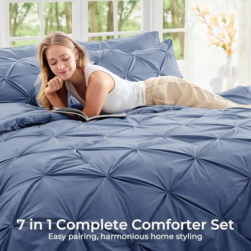Sasttie Twin Comforter Set, 5-Piece Bed in a Bag, Pintuck Bedding Sets for All Season, Includes Comforter, Flat Sheet, Fitted Sheet, Pillowcase and Pillowsham, Slate Blue