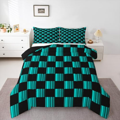 Checkered Kids Comforter Set Full Size Abstract Ombre Bedding Set Modern Geometric Teal Blue Black Duvet Quilt for Kids Boys Girls Bedroom Cute Neutral Aesthetic Plaid Decor