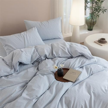 JIYUAN Super Queen Washed Cotton Duvet Cover Set Linen-Like Pinstripe