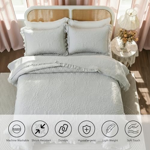 BOV Dark Grey Farmhouse Quilt Set Queen,Ruffled Stone-Washed Bedding