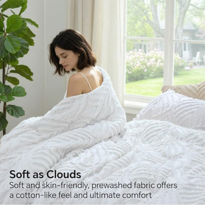 BEDELITE Boho Comforter Set King - Tufted Boho Bedding Set, Bright White