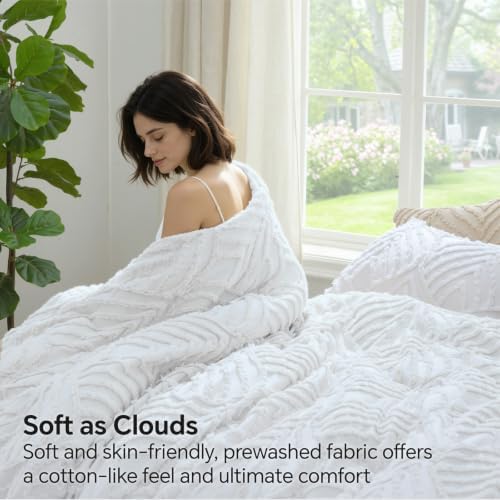 BEDELITE Boho Comforter Set Twin - Tufted Boho Bedding Set, Bright White
